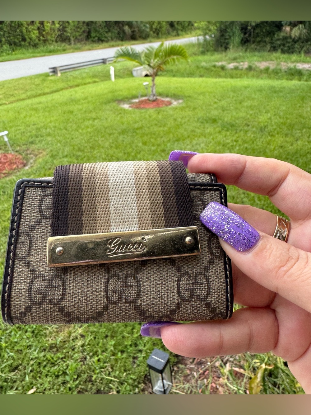 Gucci Brown Monogram Card Holder with Striped Elastic and Gold Plaque